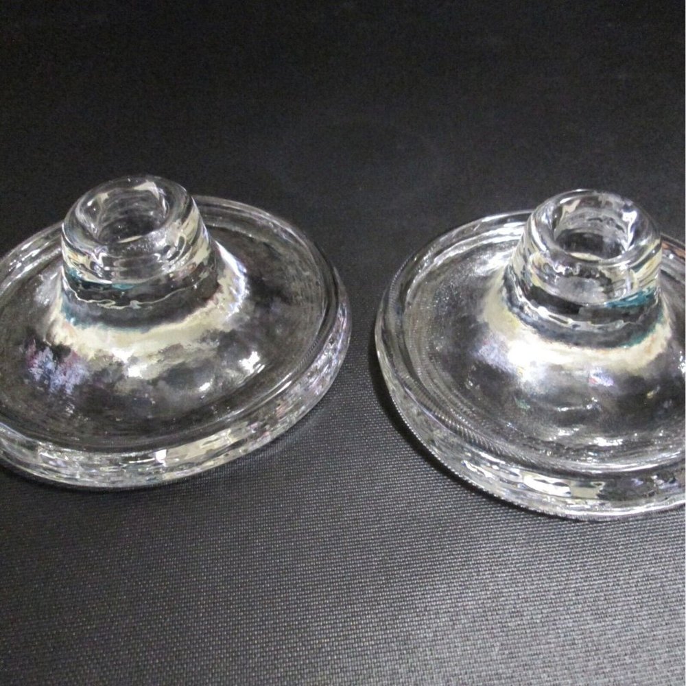 Recycled Clear Glass Round Candlestick Holder Pair Large Flat Raised Rim 5"